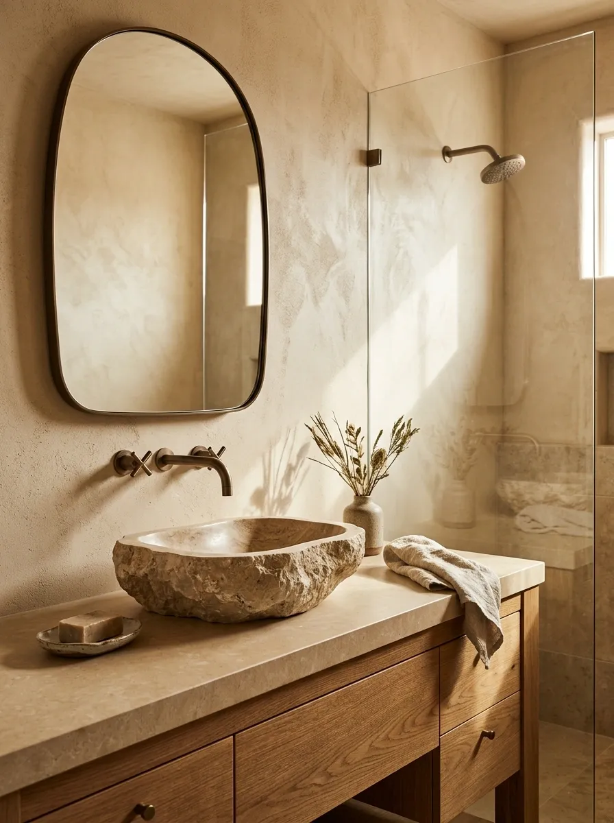 Southwestern Bathroom With a Sculptural Stone Basin and Oak Vanity