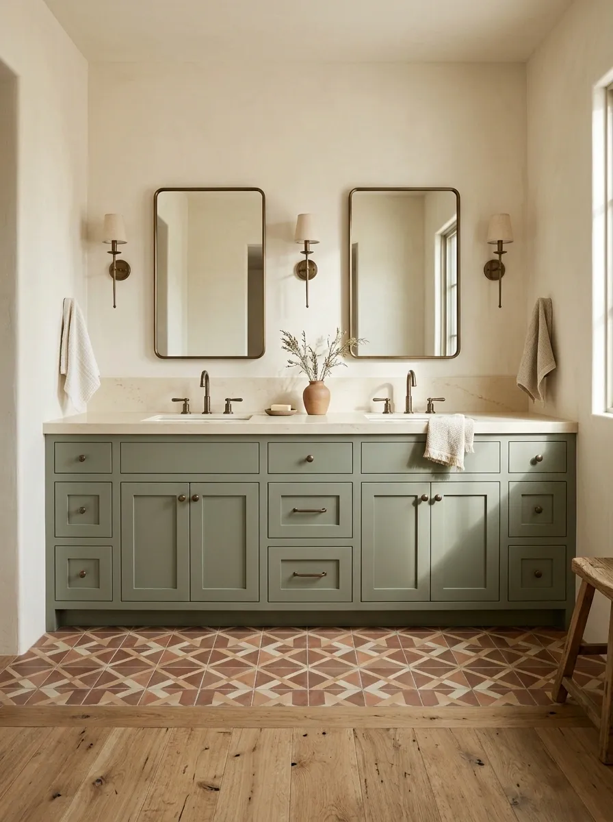 Southwestern Farmhouse Bathroom With Sage Cabinetry and Clay Tile