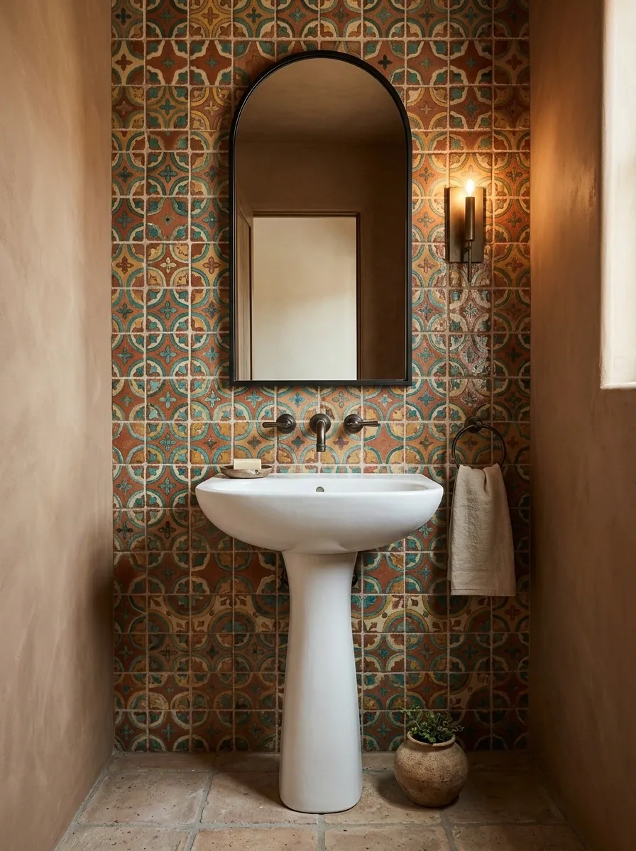Southwestern Powder Room With a Decorative Pedestal Sink