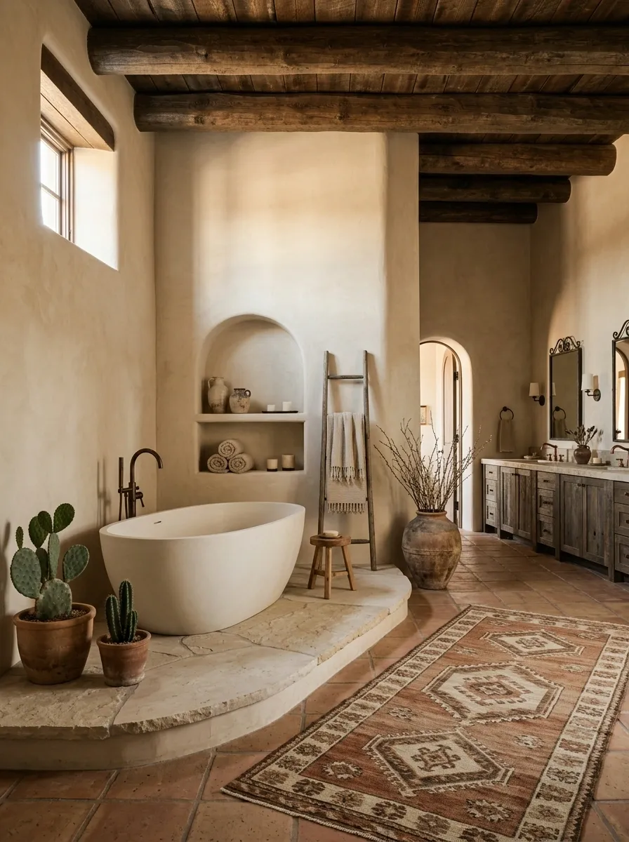 Southwestern Soaking Bathroom With a Low Stone Tub Platform