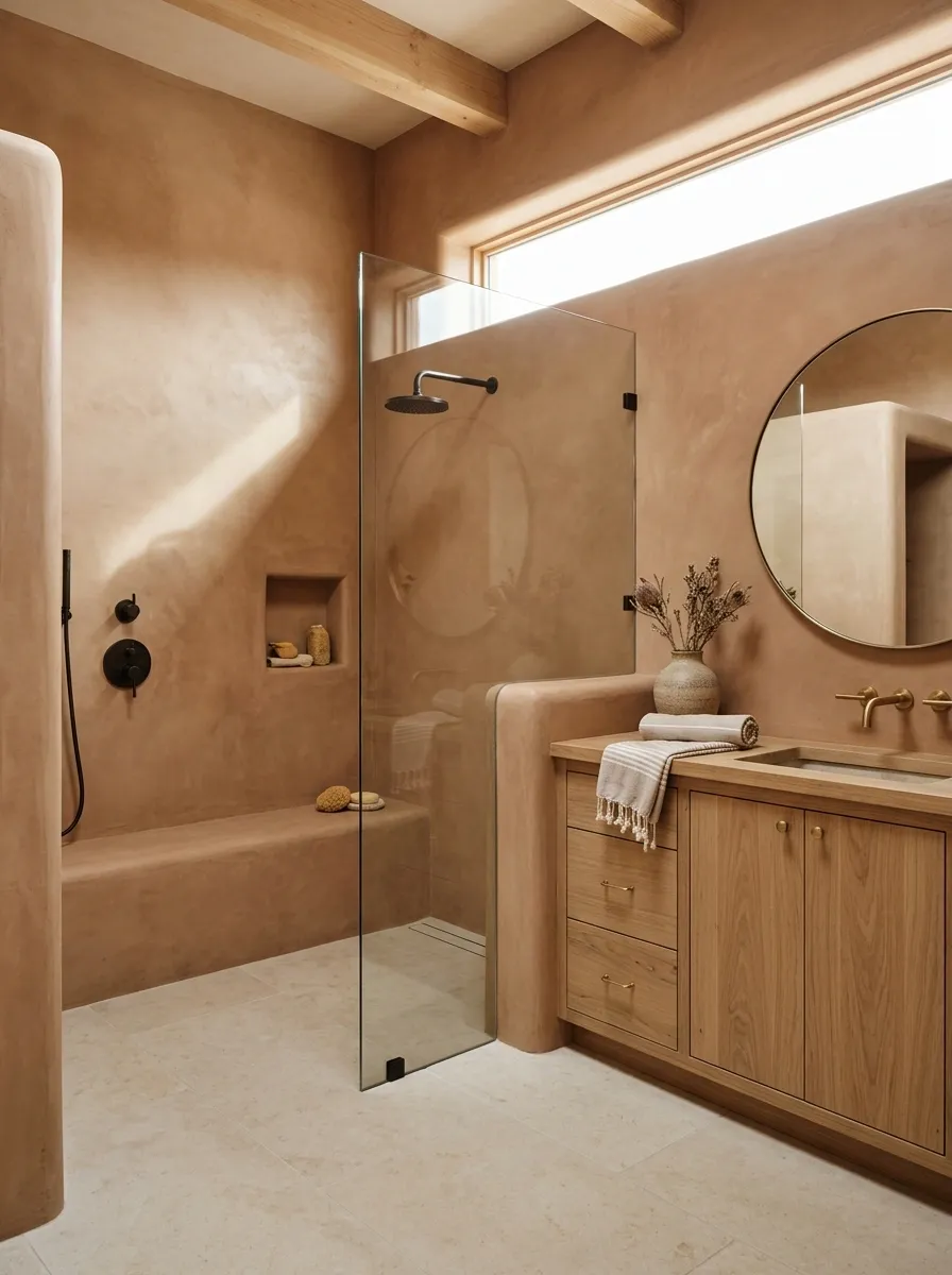 Southwestern Wet Room With Stone, Clay Walls, and a Built-In Bench