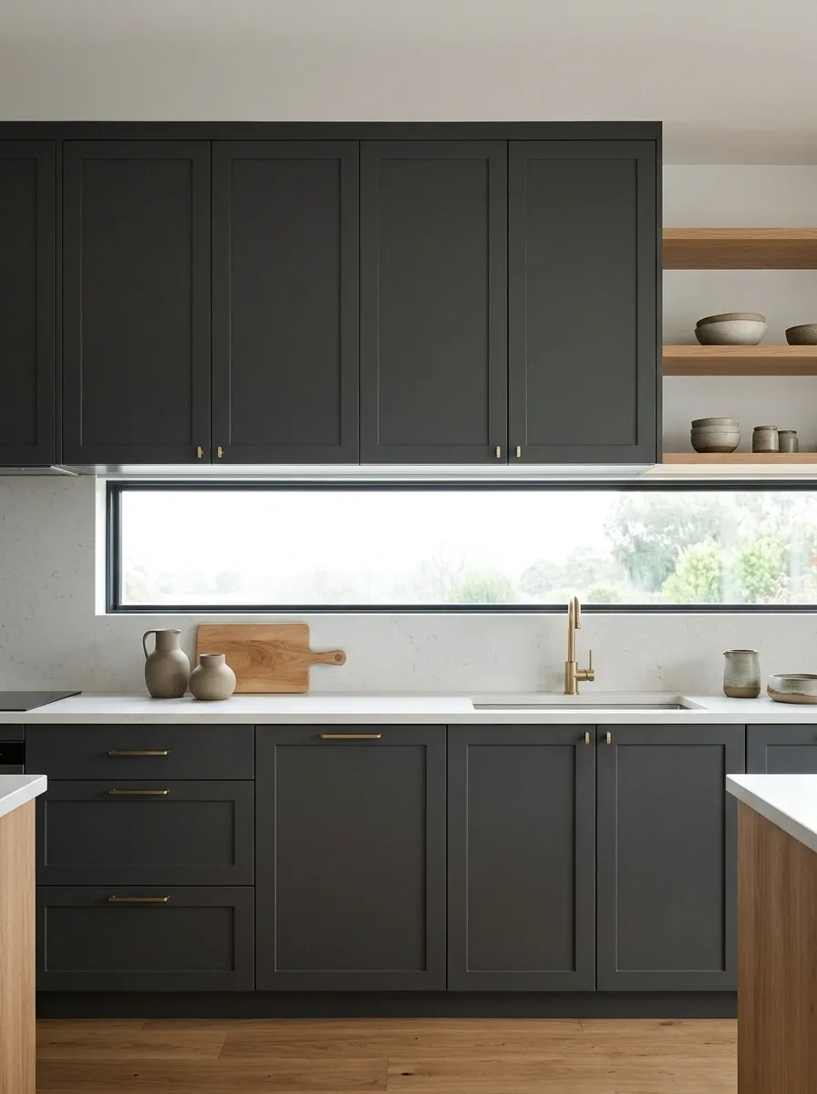 Space-Efficient Kitchen With a Narrow Horizontal Window Band