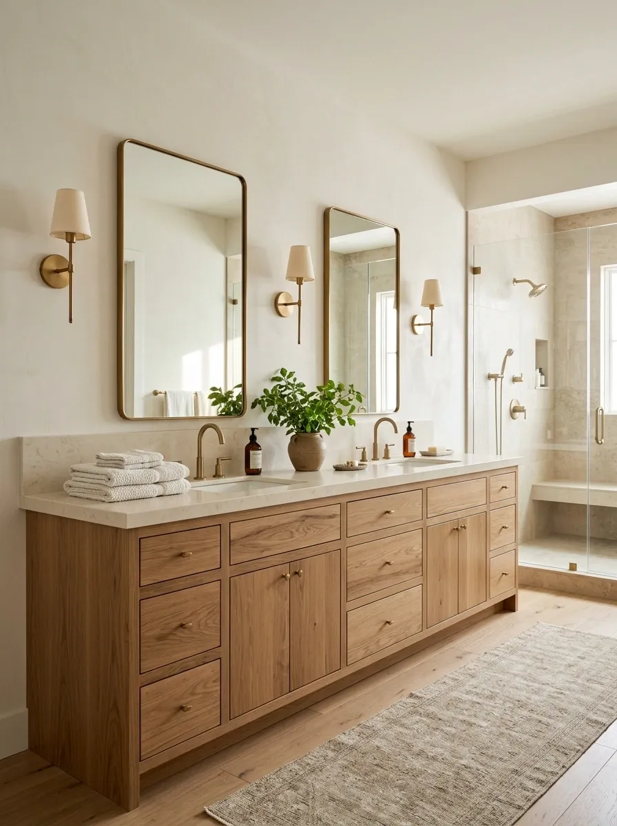 Spacious Double Vanity Bathroom With Warm Oak and Paired Mirrors