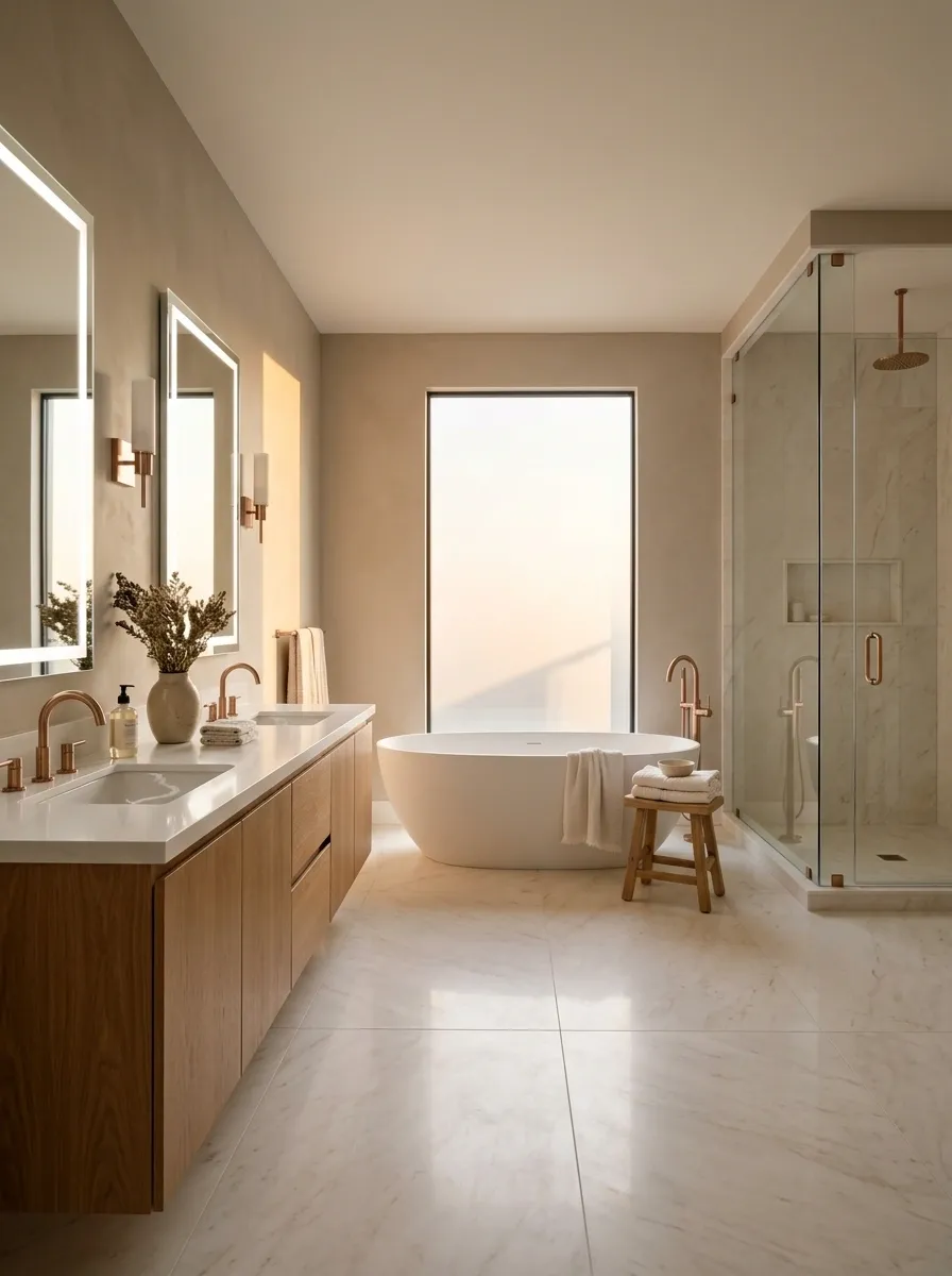 Spacious Primary Bathroom With a Freestanding Tub and Rose Gold Details