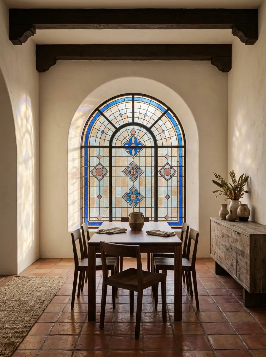 Spanish Revival Arched Window With Tile-Inspired Glass