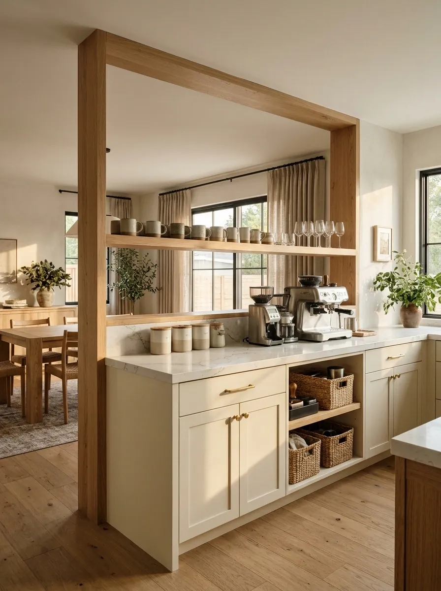 Split-Level Coffee Bar With a Raised Mug Display Shelf