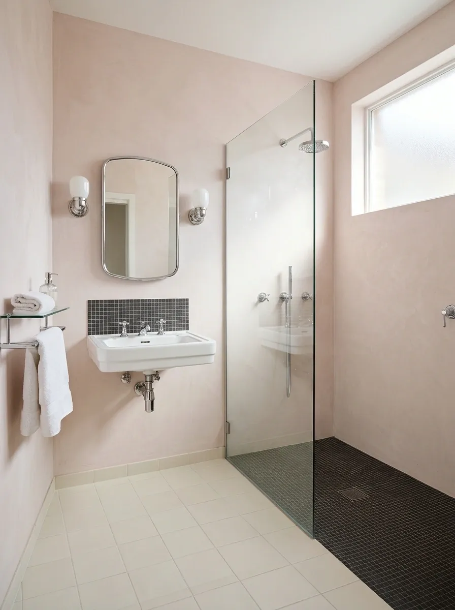 Split-Level-Looking Bathroom With a Flush Shower and Contrasting Floor Pattern
