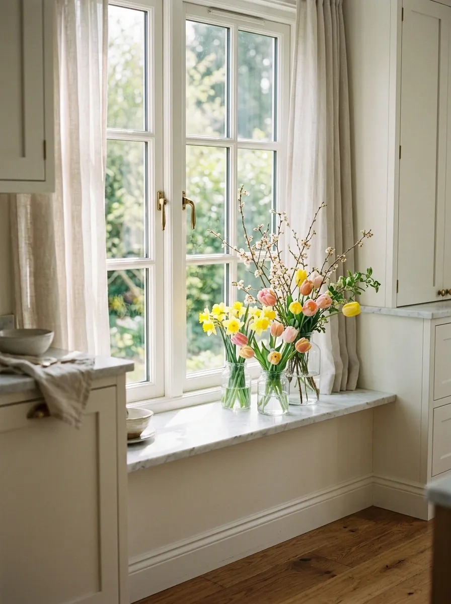 Spring Window With Fresh Flowers and Clear Glass Vases