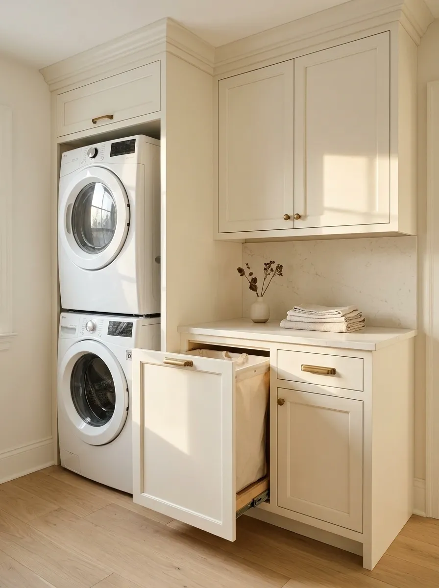 Stacked Laundry Station With Pull-Out Hamper Storage
