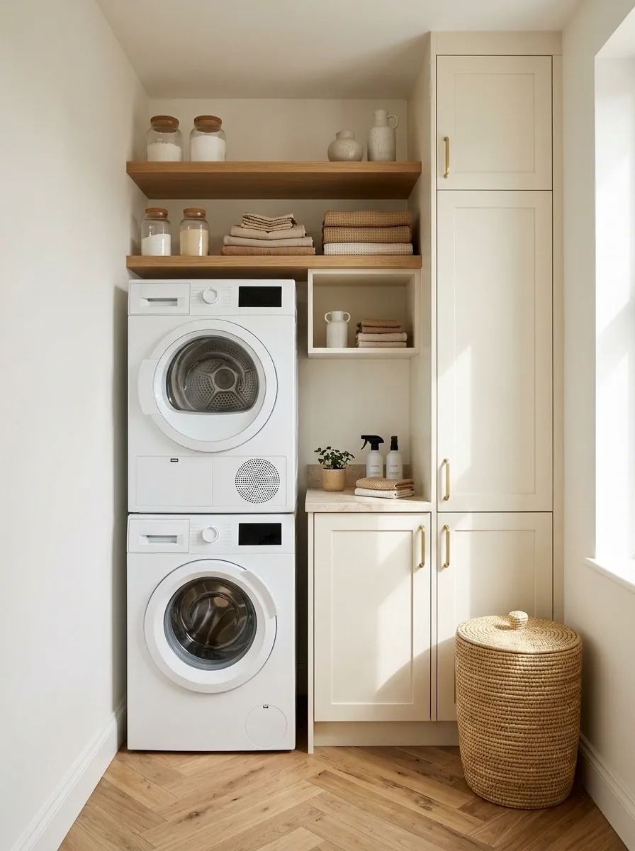 Stacked Washer and Dryer With Warm Oak Shelving