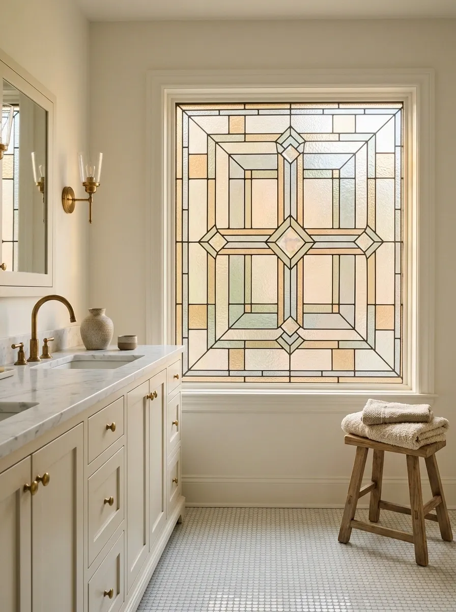 Stained-Glass Privacy Window in a Traditional Bathroom