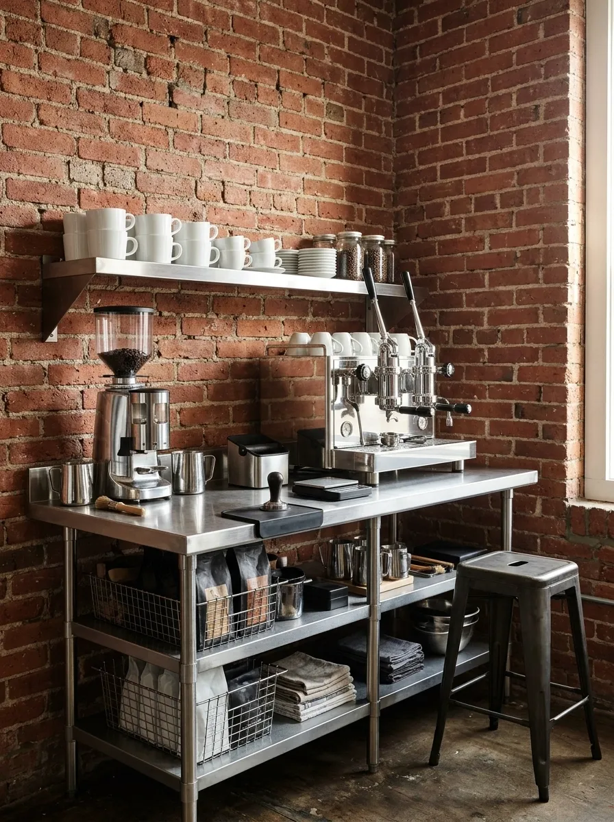 Stainless Steel Espresso Bench With an Overhead Cup Shelf