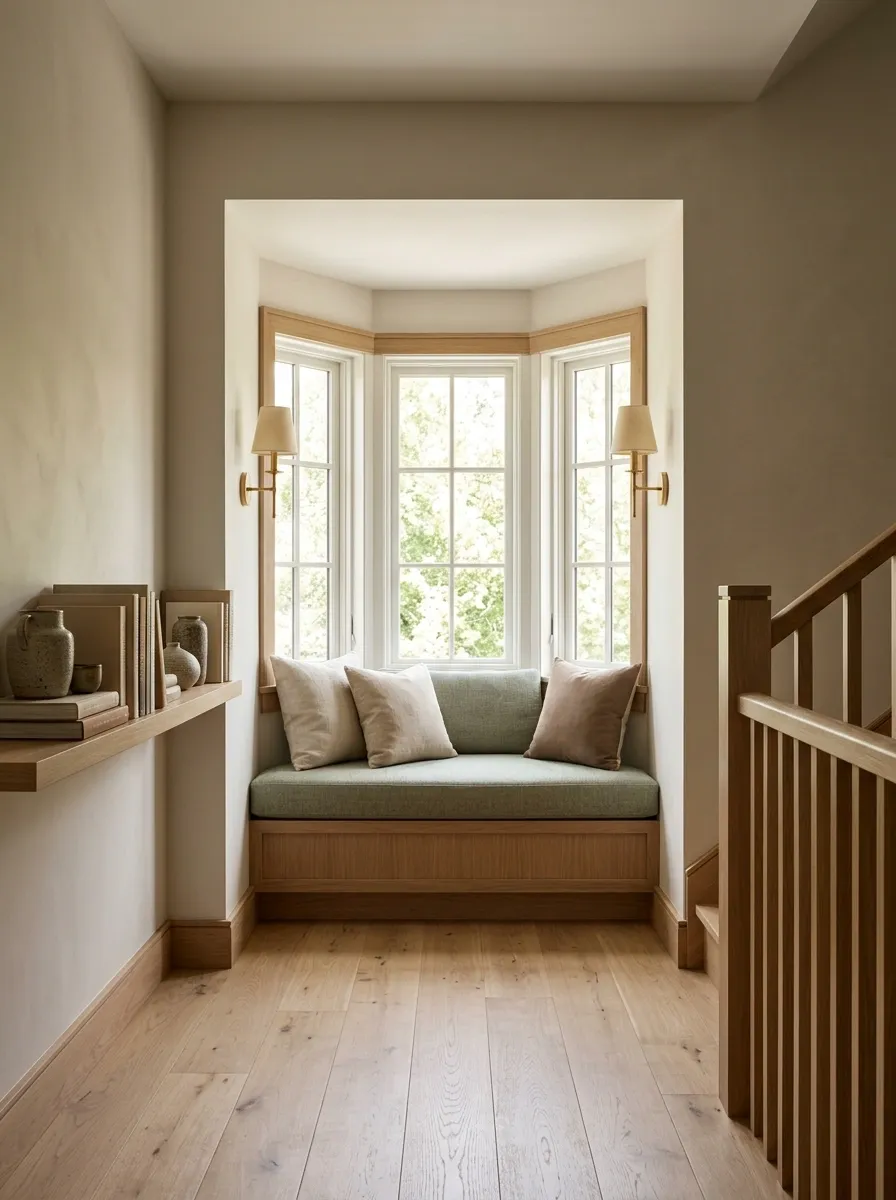 Stair Landing Bay Window With a Built-In Seat and Reading Shelf