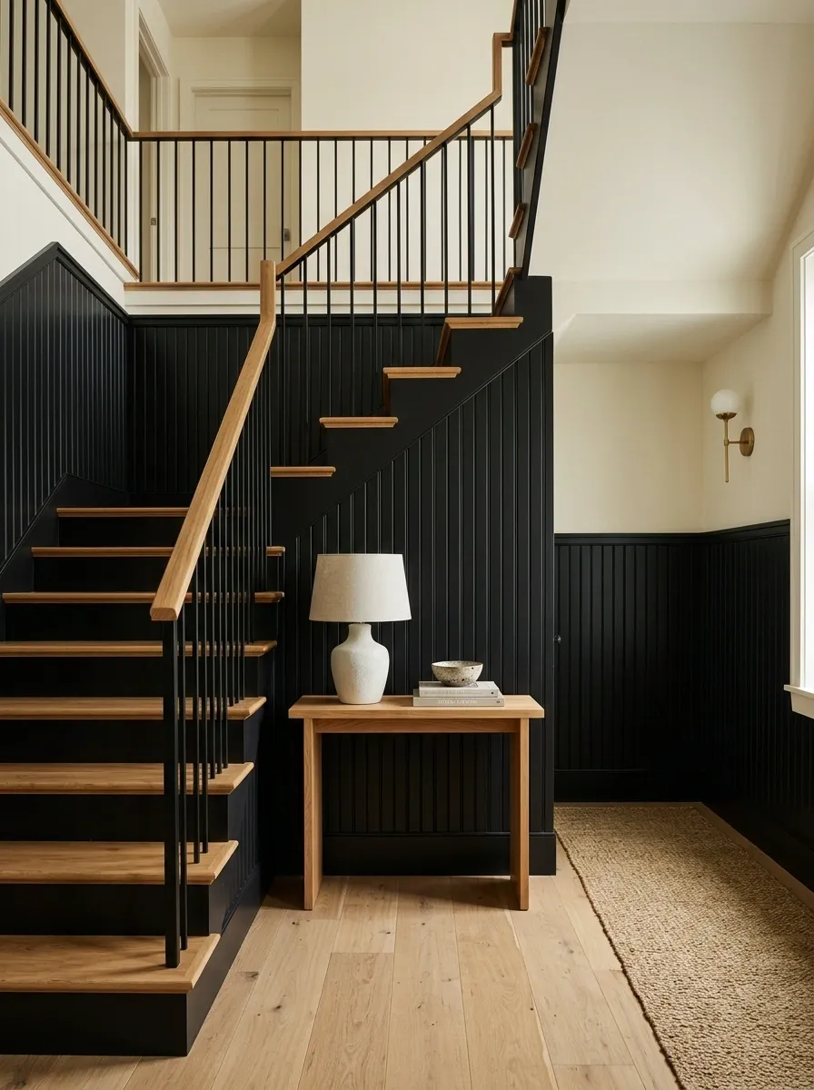 Stair Landing With Black Beadboard and Warm Oak Treads