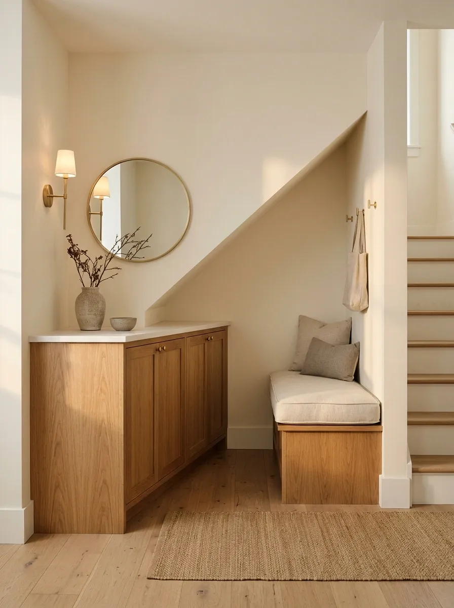 Stair-Return Entry With a Low Cabinet and a Narrow Upholstered Seat