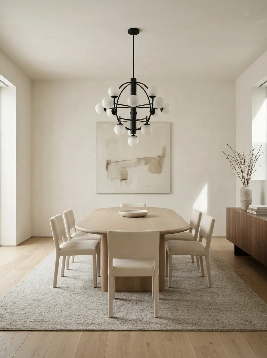 Statement Chandelier Dining Room With a Quiet Supporting Palette