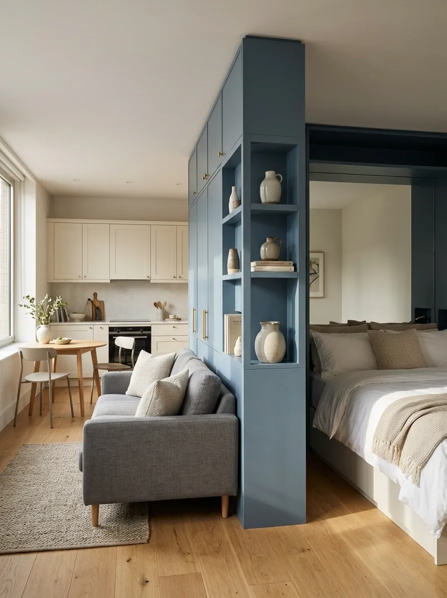 Steel Blue Studio With a Double-Sided Wardrobe Divider