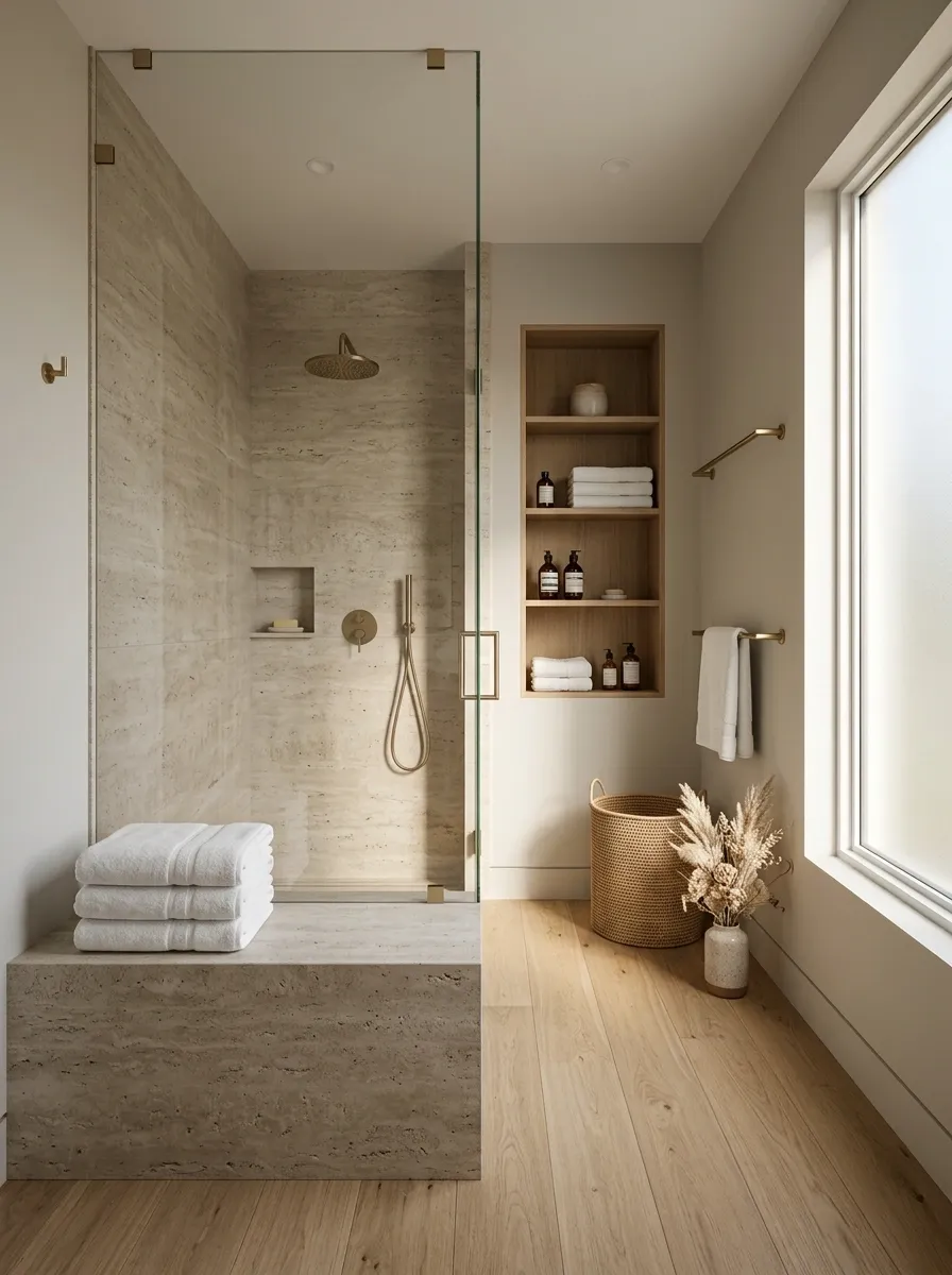 Stone Bathroom With a Built-In Shower Drying Ledge