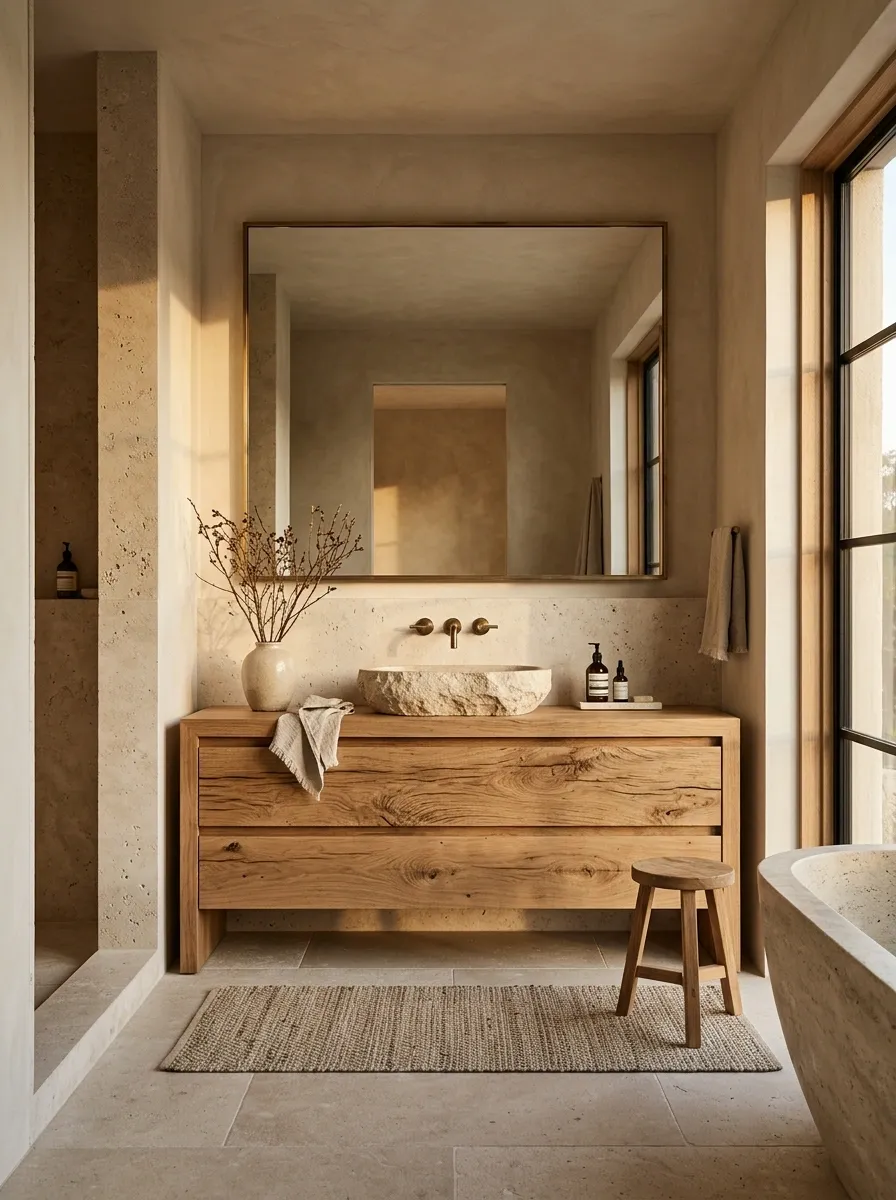 Stone-Forward Farmhouse Bathroom With Limestone and Chunky Oak