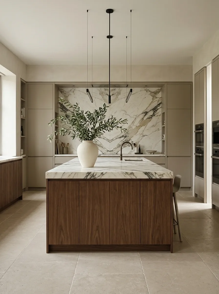 Stone-Forward Kitchen With a Veined Statement Island