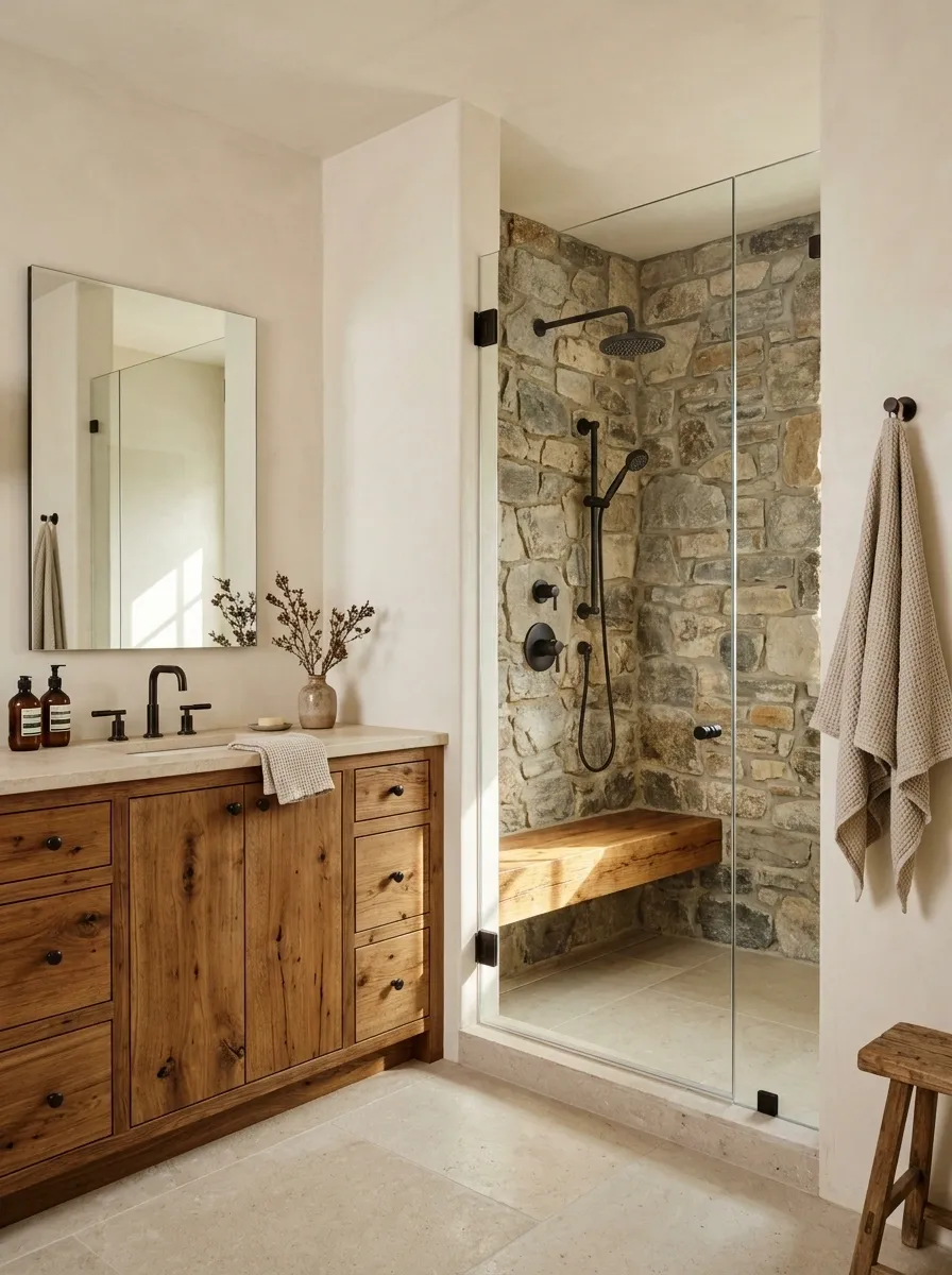 Stone Shower Country Bathroom With a Built-In Timber Bench