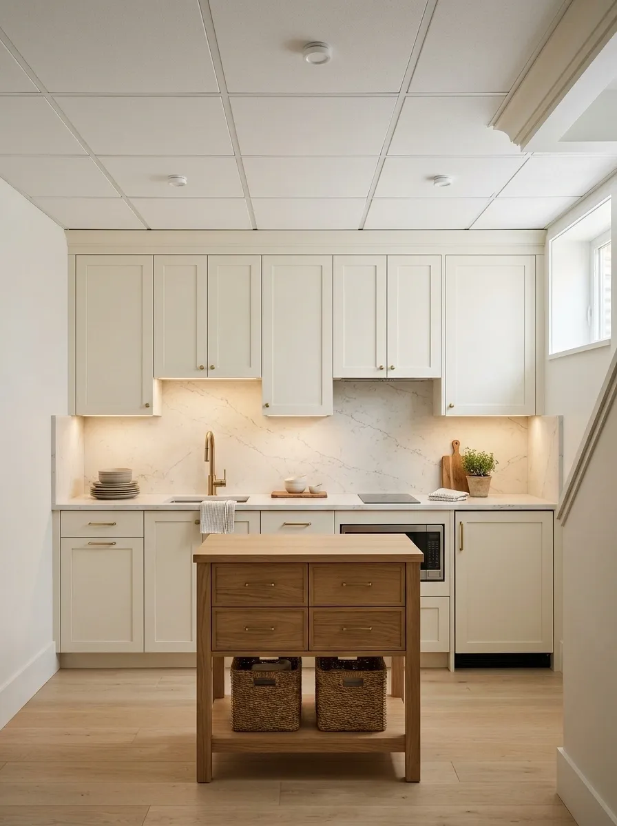 Streamlined Drop Ceiling in a Small Basement Kitchenette