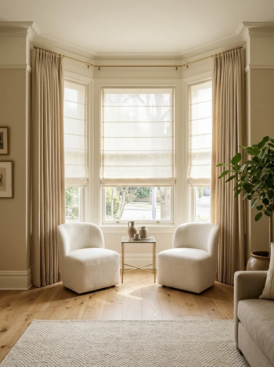 Street-Facing Bay Window With Layered Shades and Private Seating