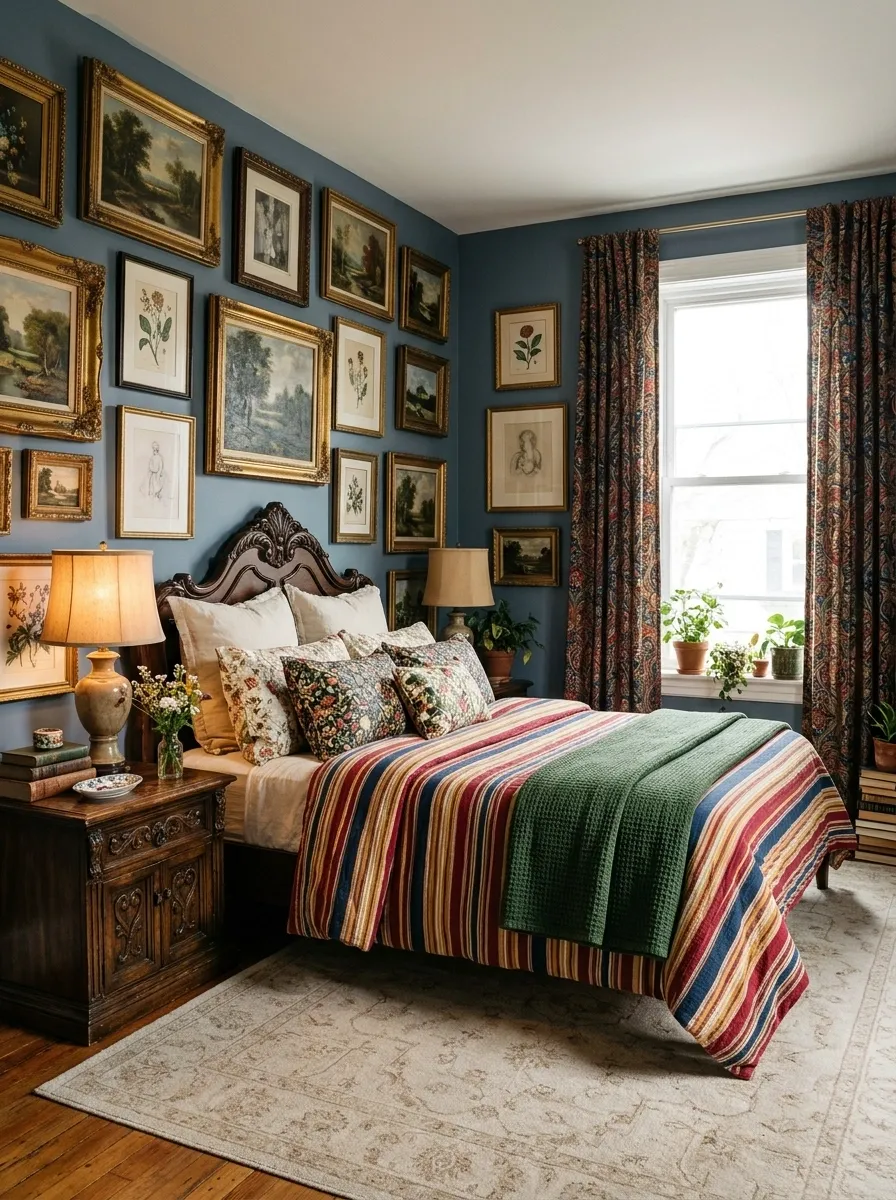 Striped Bedding Layered With Florals in a Maximalist Bedroom