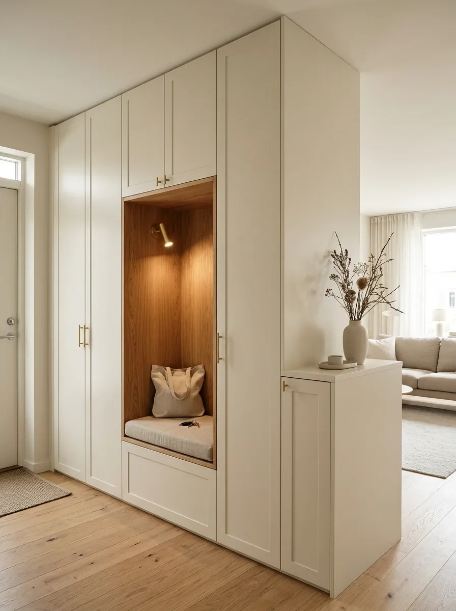 Studio Apartment Entry With a Tall Storage Spine and a Small Bench Niche
