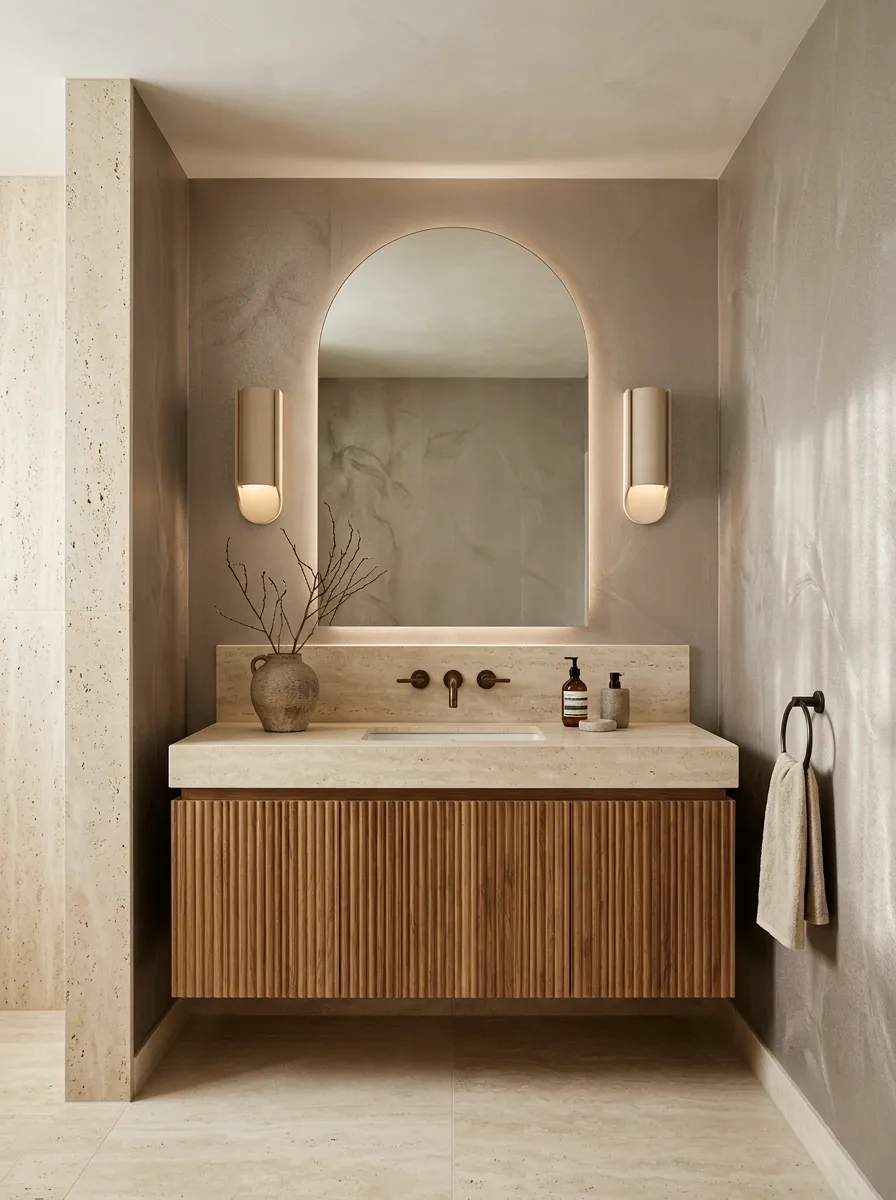 Subtle Metallic Wallpaper With Travertine and Fluted Oak
