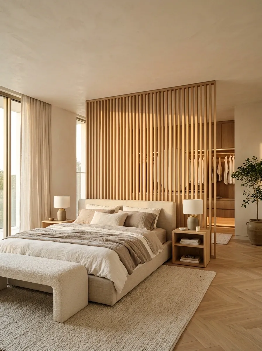 Suite-Style Bedroom With a Slatted Screen and Separate Dressing Area