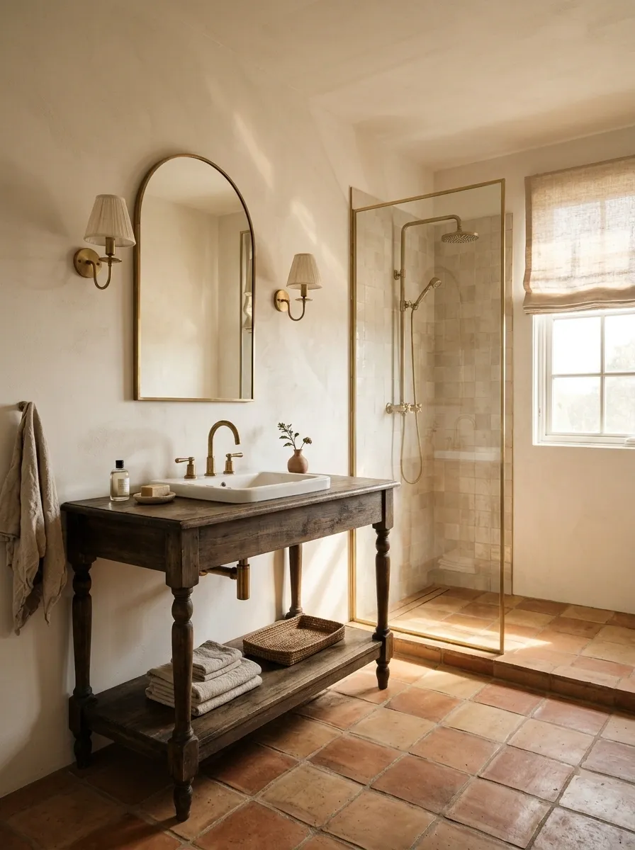 Sunlit Bathroom With Terracotta Flooring and an Antique-Style Console