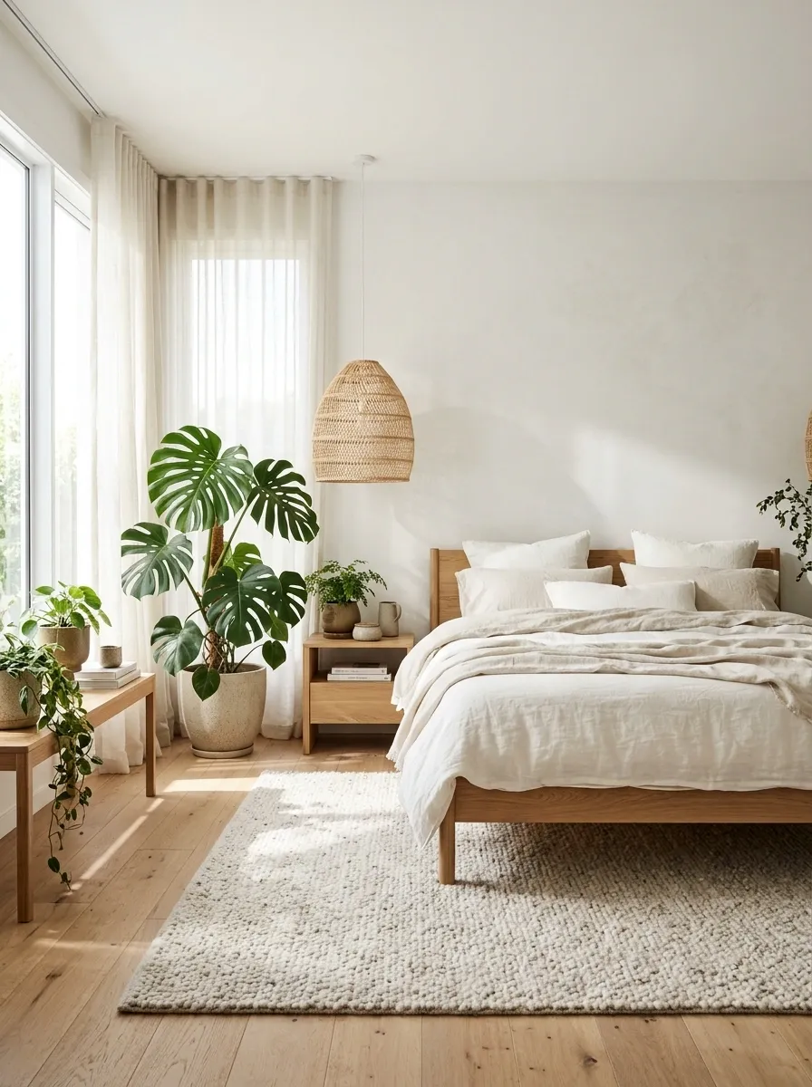 Sunlit Botanical Bedroom With Layered Foliage and Warm Oak