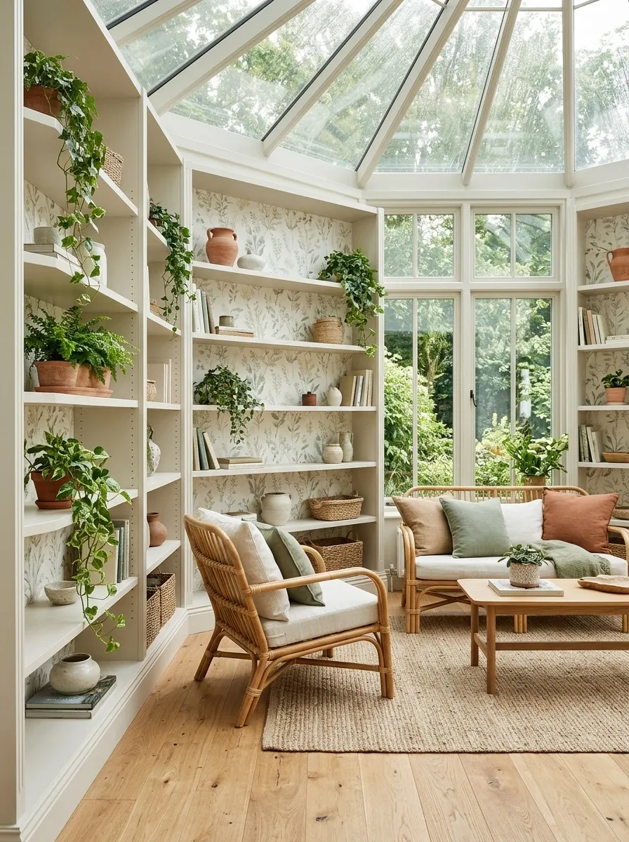 Sunlit Conservatory Shelves With Botanical Wallpaper and Woven Furniture