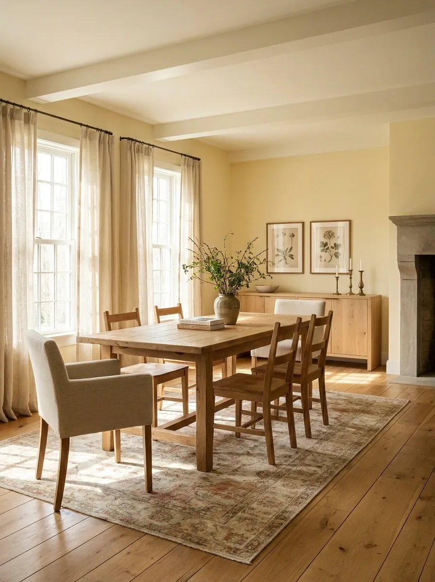 Sunlit Farmhouse Dining Room With Soft Yellow and Natural Linen