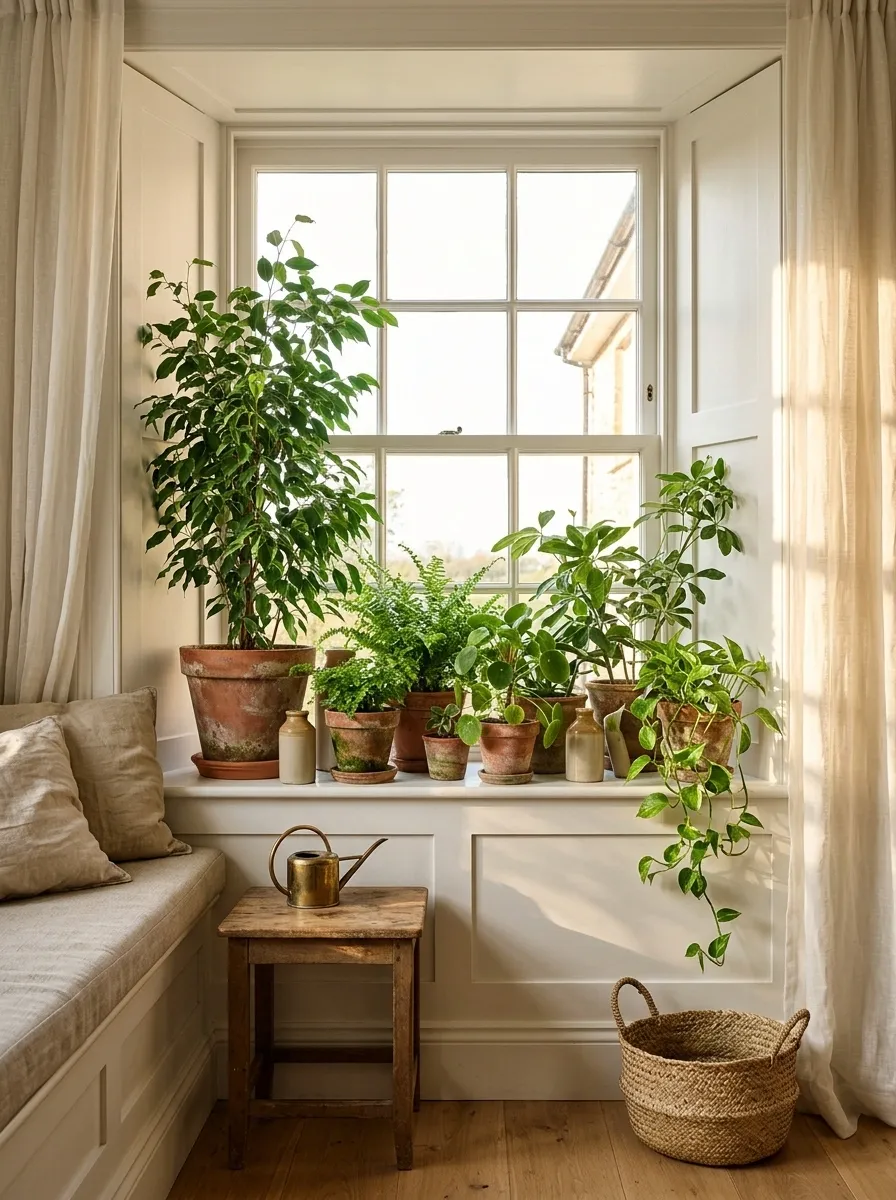 Sunlit Indoor Garden With Terracotta Pots and Trailing Greenery