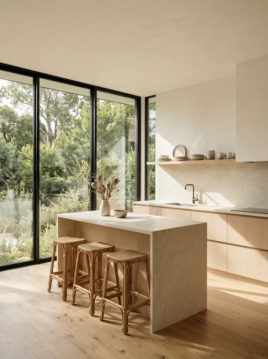 Sunlit Kitchen With Large Windows and Pale Natural Materials