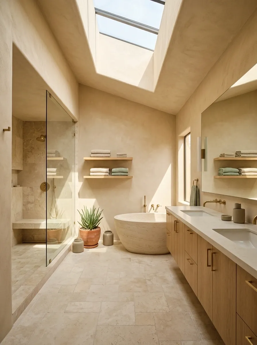 Sunlit Southwestern Bathroom With a Skylight and Desert Greenery