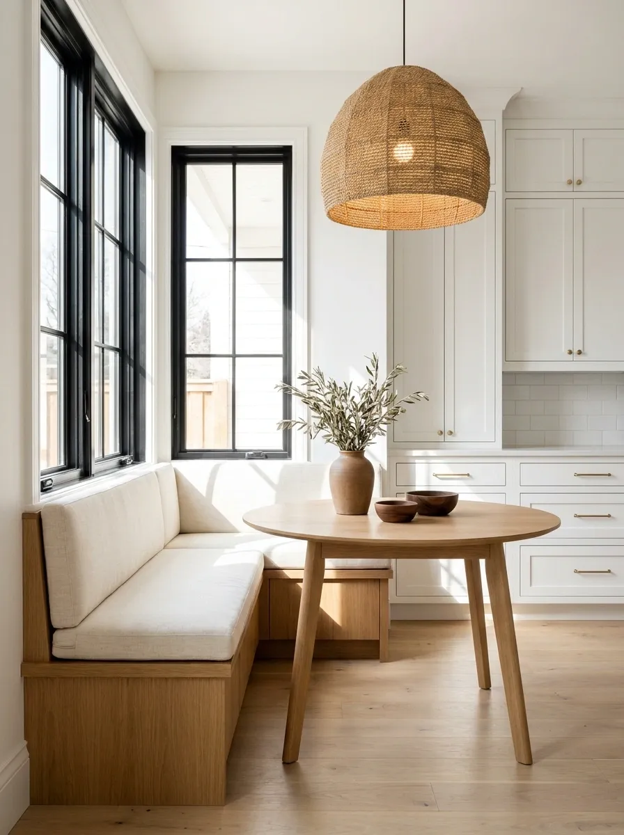 Sunlit Window Banquette With Warm Oak and Cream Upholstery
