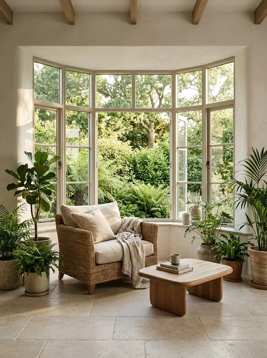 Sunroom Bay Window With Natural Stone Flooring and Garden Views