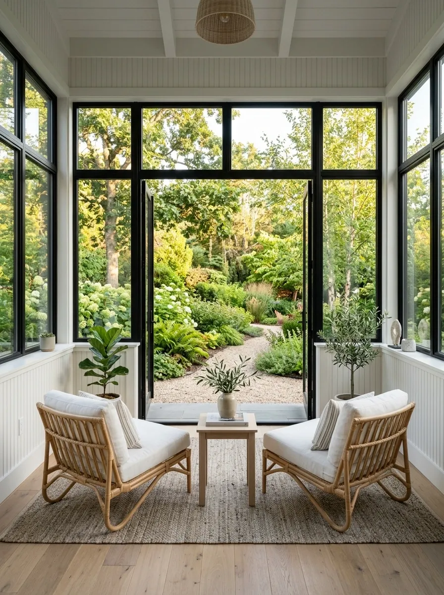 Sunroom With Soft White Beadboard and Woven Furniture