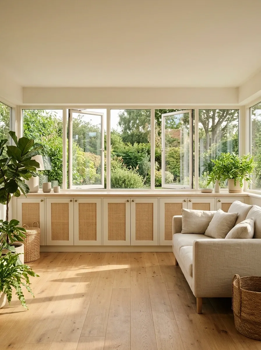 Sunroom With Woven Storage Beneath Garden Windows
