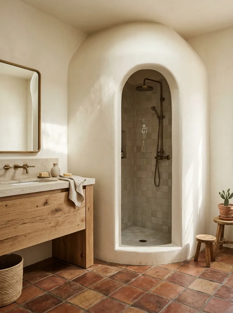 Sunwashed Adobe Bathroom With an Arched Shower Alcove