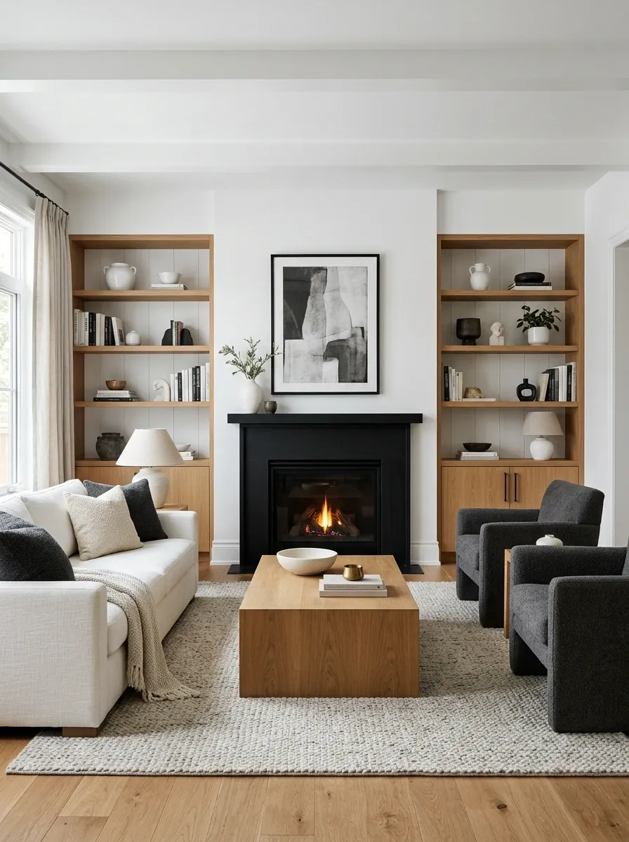 Symmetrical Black Fireplace With White Built-Ins