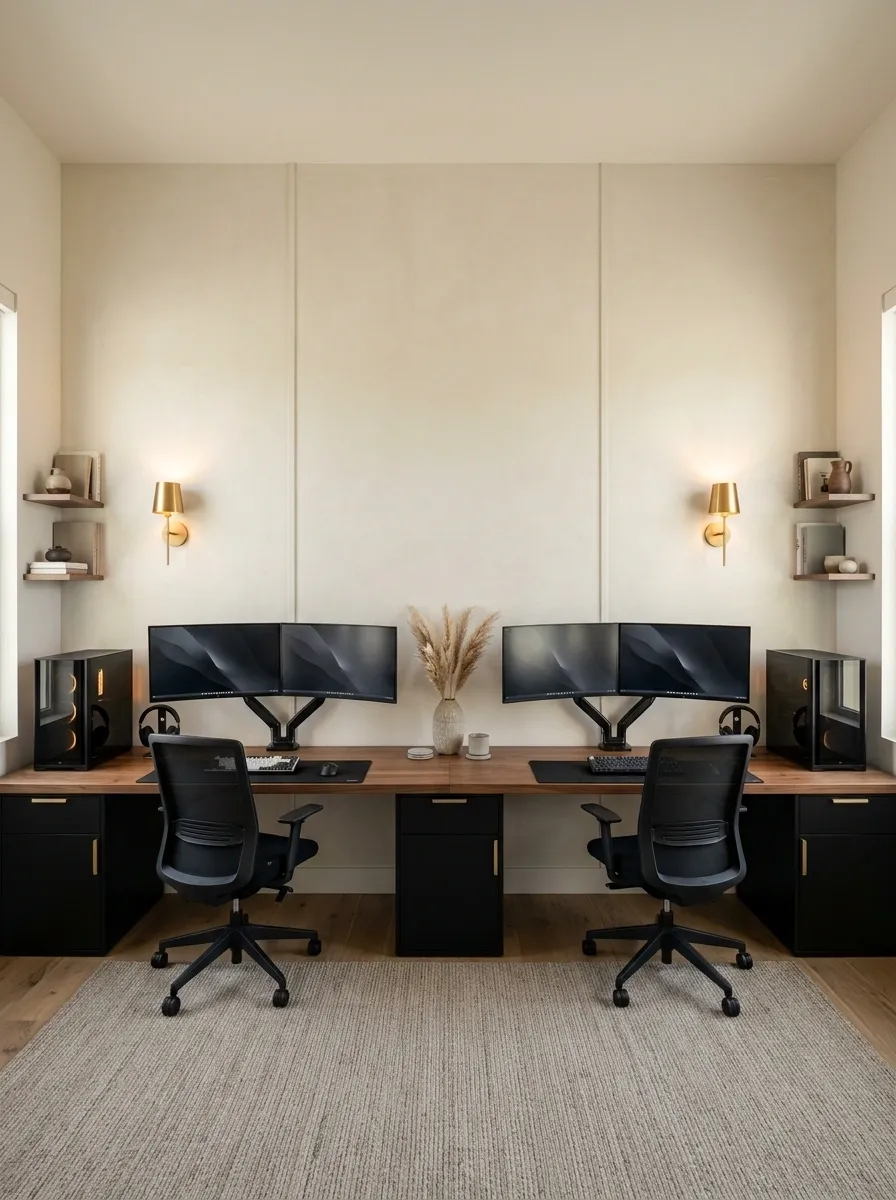 Symmetrical Dual-PC Wall With a Shared Walnut Desk