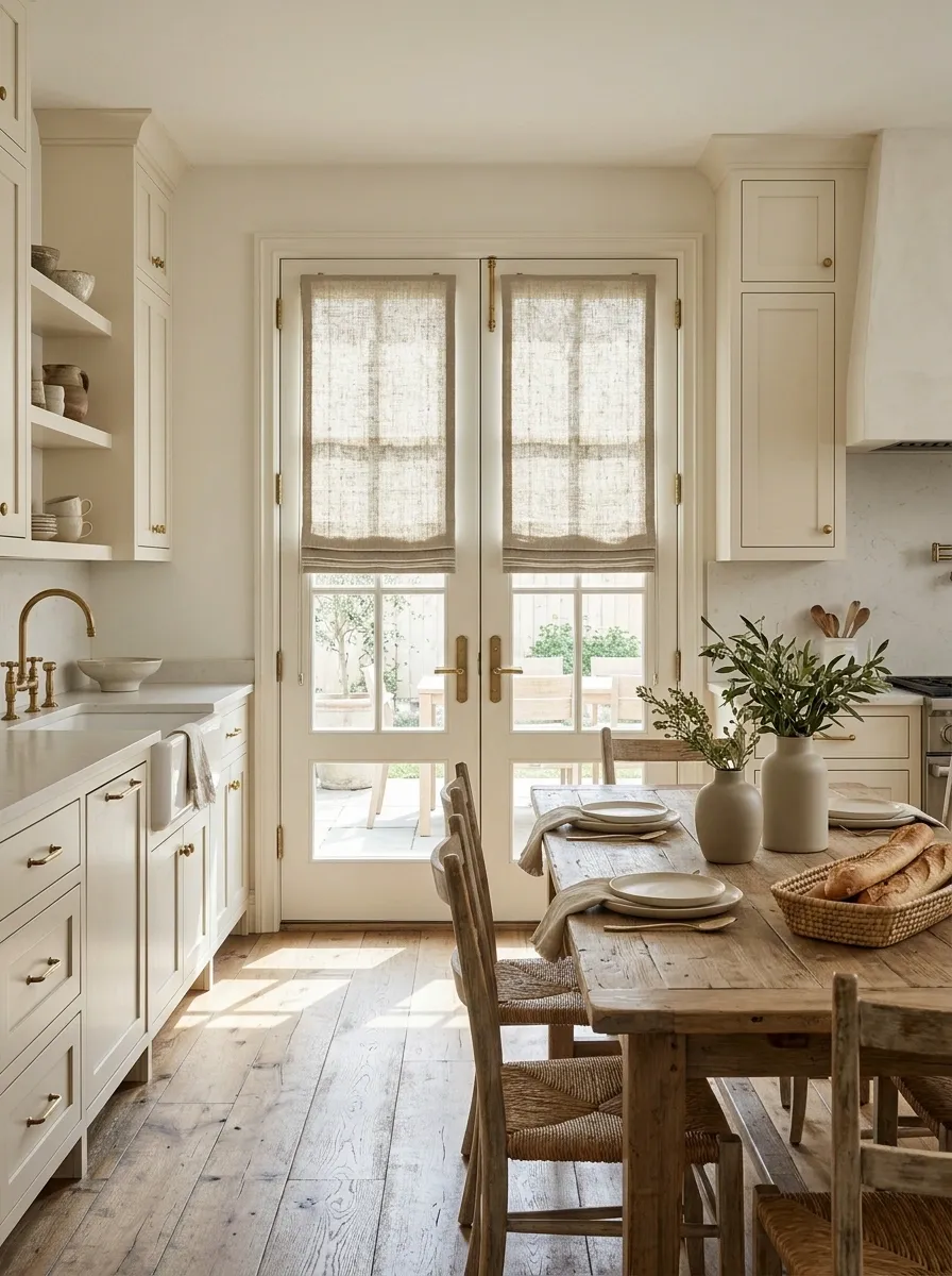 Tailored Door-Mounted Shades on French Doors in a French-Country Kitchen