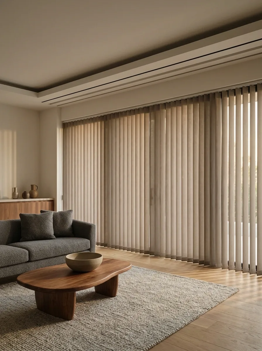 Tailored Fabric Vertical Blinds in a Modern Neutral Interior