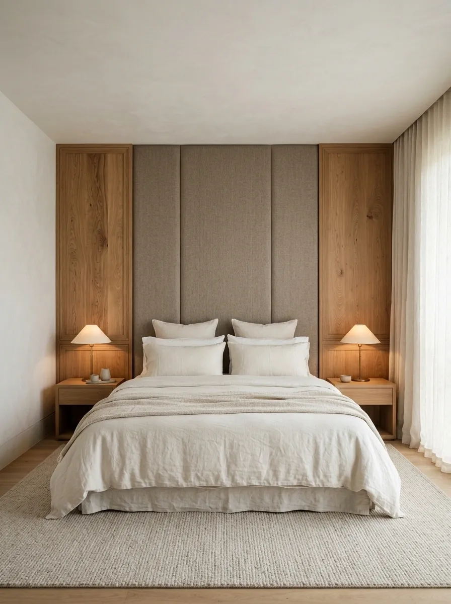 Tailored Hotel Bedroom With an Upholstered Wall and Warm Oak