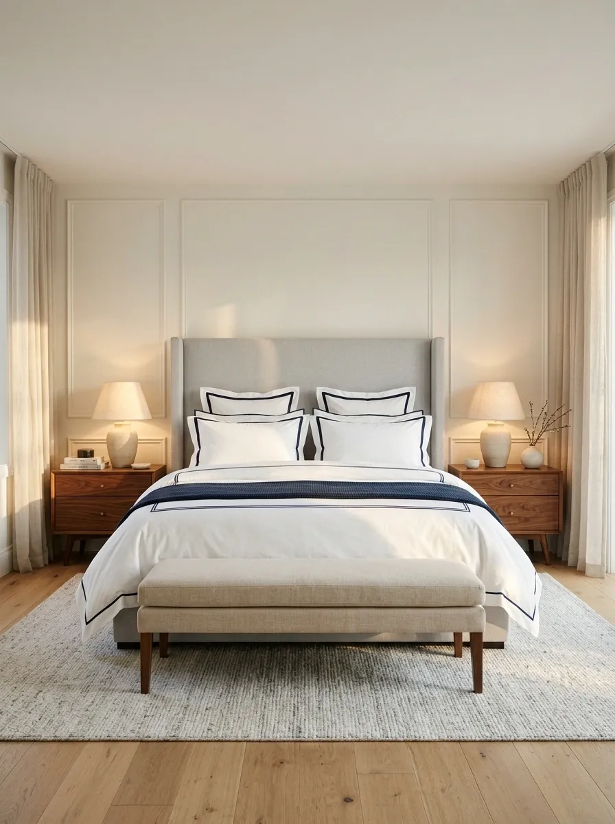 Tailored White Bedding With Navy Piping