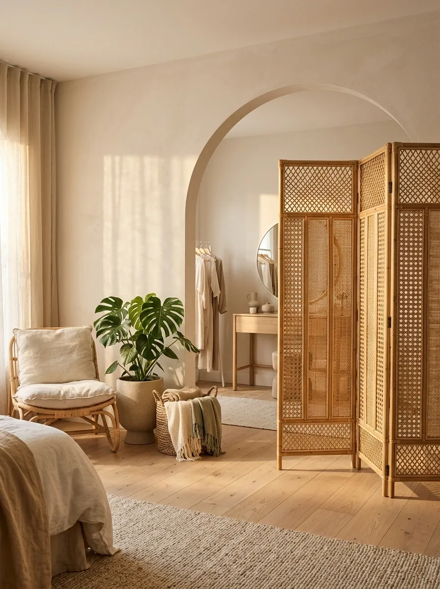 Tall Bamboo Screen Used as a Flexible Tropical Room Divider